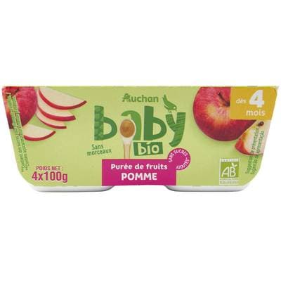 Auchan Baby Bio Dessert pomme bio Coupelle Bébé dès 4 mois, 4x100g