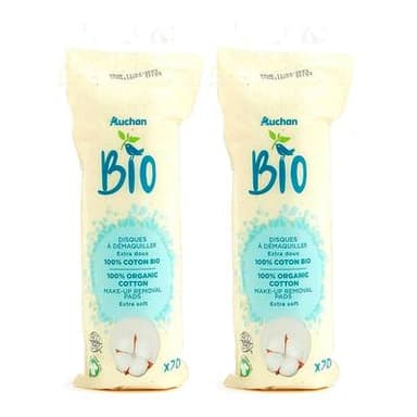 Auchan BIO Cotons disques bio à démaquiller, Lot de 2x70 cotons