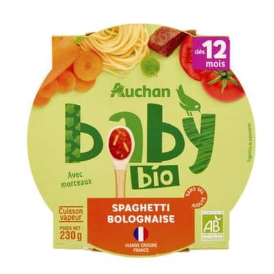 Auchan Baby Bio Spaghetti bolognaise Bio Assiette bébé dès 12 mois, 230g