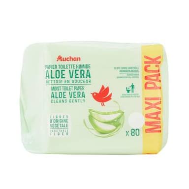 Auchan Lingette papier toilette humide blanc aloe vera, 80 papiers toilettes humides