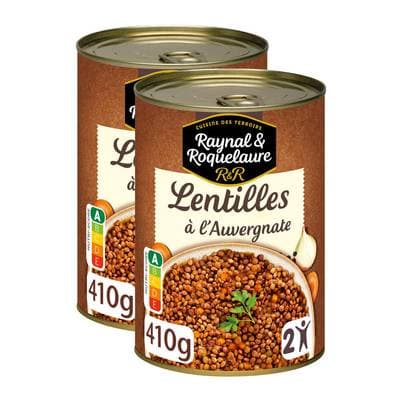 Raynal et Roquelaure Lentilles Cuisinées à l'Auvergnate en conserve, Lot de 2x410g