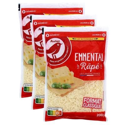Auchan Emmental râpé français, Lot de 3x200g