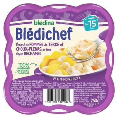 Blédina - Blédi'chef Ecrasé de Pomme de Terre et Choux Fleurs Crème Façon Bechamel Assiette Bébé Dès 15 mois, 250g