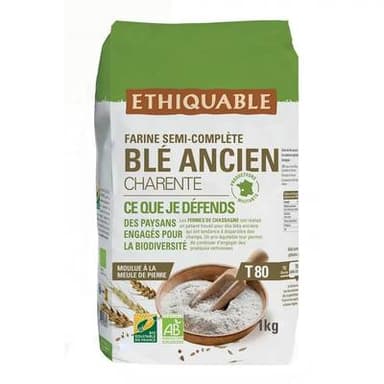 Ethiquable - Commerce Equitable Farine Semi Complète de Blé Ancien T80 Bio de Charente, 1kg