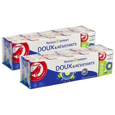 Auchan Mini paquets de mouchoirs 4 épaisseurs, Lot de 2 x 15 paquets