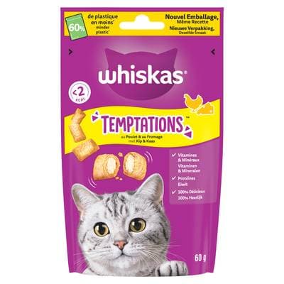 Whiskas Temptations au Poulet et Fromage - Friandise Récompense pour Chat, 60g
