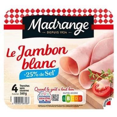 Madrange Jambon Blanc, Decouené et Dégraissé -25 % de Sel, 4 tranches - 160g