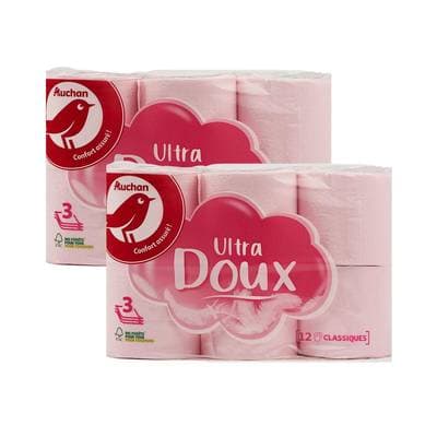 Auchan Papier toilette rose ultra doux 3 épaisseurs, Lot de 2x12 rouleaux