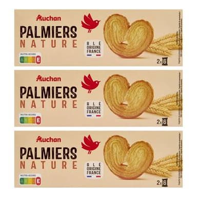 Auchan Palmiers nature biscuits feuilletés, Lot de 3x100g