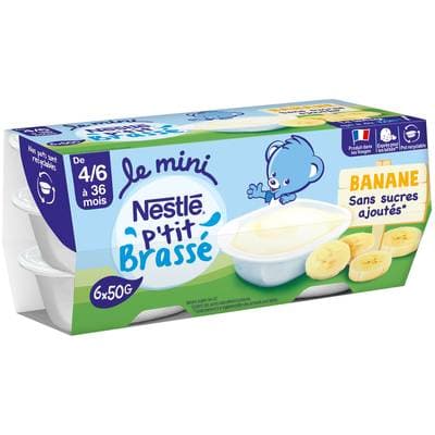 Nestlé - P'tit Brassé Mini Dessert lacté Banane Sans Sucres Ajoutés Coupelle Bébé dès 4 mois, 6x50g