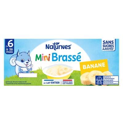 Naturnes® - P'tit Brassé Mini Dessert lacté Banane Sans Sucres Ajoutés Coupelle Bébé dès 4 mois, 6x50g