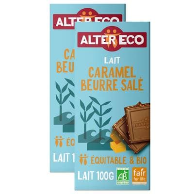 Alter Eco - Commerce Equitable Chocolat lait caramel beurre salé 36% Cacao Bio du Pérou, Lot de 2x100g