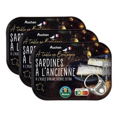 Auchan Terroir Sardines à l'ancienne à l'huile d'Olive vierge extra, Lot de 3x115g