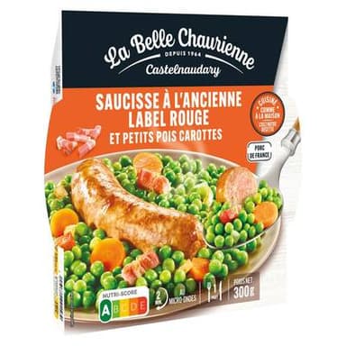 La Belle Chaurienne Saucisse à l'ancienne Label Rouge et petits pois carottes, 300g
