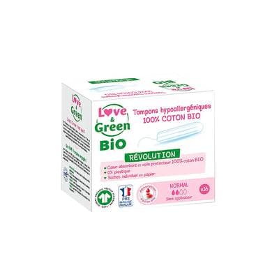 Love & Green Tampon 100% coton BIO sans applicateur - Normal, 16 pièces