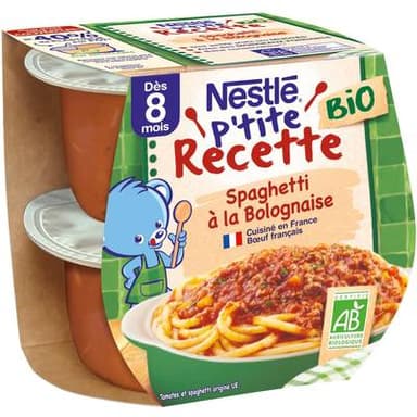 Nestlé - P'tite Recette Spaghetti à la Bolognaise Bio Bol Bébé Dès 8 mois, 2x190g