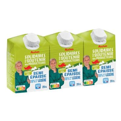 Auchan Solidaires Crème semi épaisse légère 18%mg UHT, 3x20cl