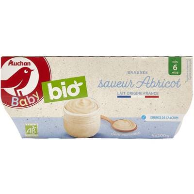 Auchan Baby Bio Dessert Lacté Brassé Saveur Abricot Bio Coupelles Bébé dès 6 mois, 4x100g