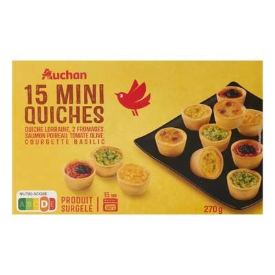Auchan Mini quiches saumon poireau, tomate olive, courgette basilic, 270g