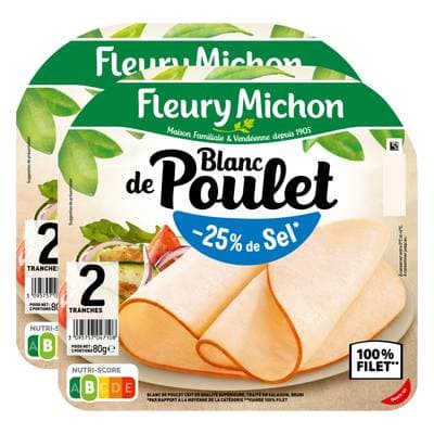 Fleury Michon Blanc de Poulet Taux de Sel Réduit, Lot de 2x80g