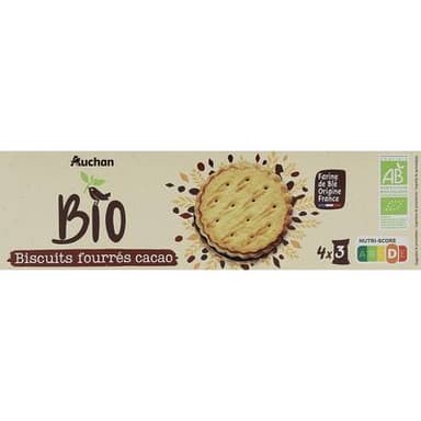 Auchan BIO Biscuits goûters fourrés au cacao bio, 185g