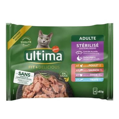 Affinity - Ultima Sachets en sauce Fit & Delicious Poulet, Saumon, Dinde, Truite pour Chat Adulte Stérilisé, 4x85g