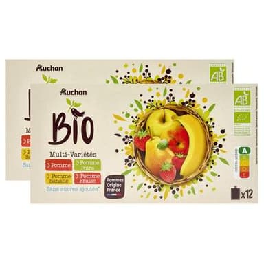 Auchan BIO Gourdes purée de fruits multivariétés sans sucres ajoutés bio, Lot de 2x12x90g