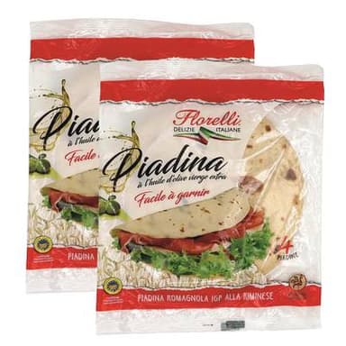 Florelli 4 Piadina Romagnola à l'huile d'olive vierge extra - Galette à garnir 4x120g, Lot de 2x480g