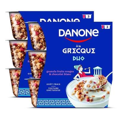 Danone Yaourts à la Grecque Duo Granola Fruits Rouges et Chocolat Blanc, Lot de 2 - 3x100g
