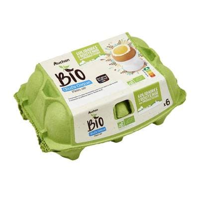 Auchan BIO Oeufs de poules Bio élevées en plein air, calibre gros, 6 oeufs