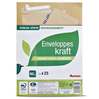 Auchan 25 enveloppes kraft auto-adhésives, Dimensions : 162 x 229 mm