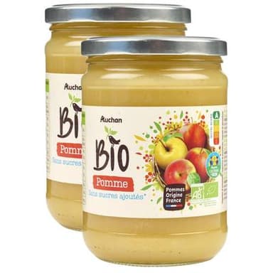 Auchan BIO Purée de pomme sans sucres ajoutés en bocal bio, Lot de 2x580g
