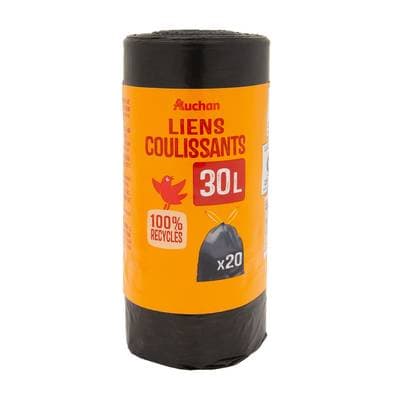 Auchan Sacs poubelle avec liens coulissants 30L, 20 sacs poubelle