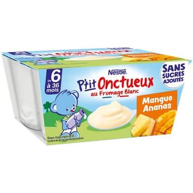 Nestlé - P'tit Onctueux Dessert Lacté Mangue Ananas Fromage Blanc Coupelle Bébé dès 6 Mois, 4x90g
