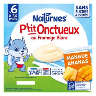 Naturnes® - P'tit Onctueux Dessert Lacté Mangue Ananas Fromage Blanc Coupelle Bébé dès 6 Mois, 4x90g