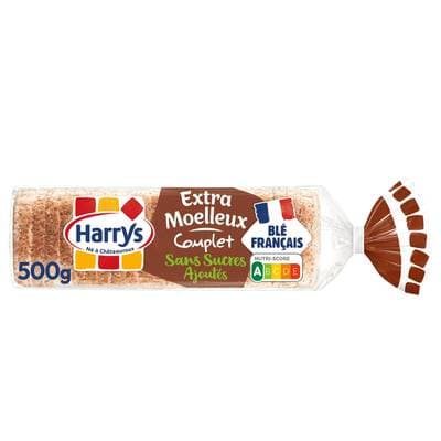 Harrys Pain de Mie Extra Moelleux Complet Sans Sucres Ajoutés Sans Additifs, 24 tranches - 500g