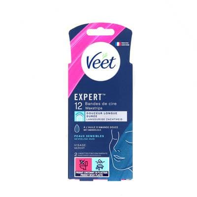 Veet Bandes de Cire Visage Peaux Sensibles, 12 pièces