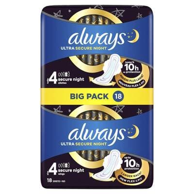 Always Serviette Hygiénique Avec Ailettes Ultra Secure Night Taille 4, 18 pièces