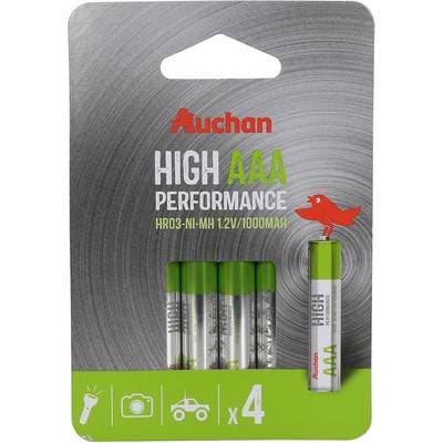 Auchan 4 piles HR03 / AAA rechargeable haute performance 1000 MAH, 4  piiles
