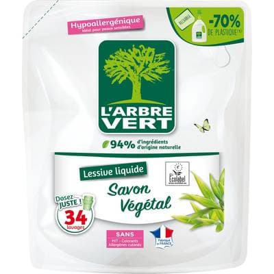 L'arbre Vert Lessive hypoallergénique au savon végétal recharge, 1,53L