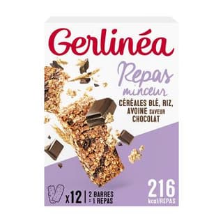 Gerlinéa 12 Barres repas céréales aux pépites de chocolat -61% de sucres, 12x31g