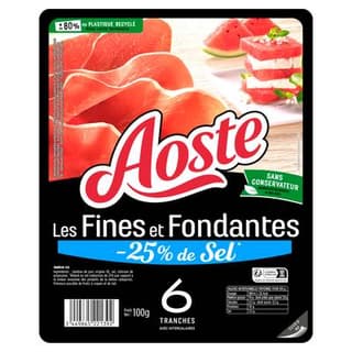 Aoste Jambon Cru Les Tranches Fines et Fondantes Taux de Sel Réduit, 6 tranches - 100g