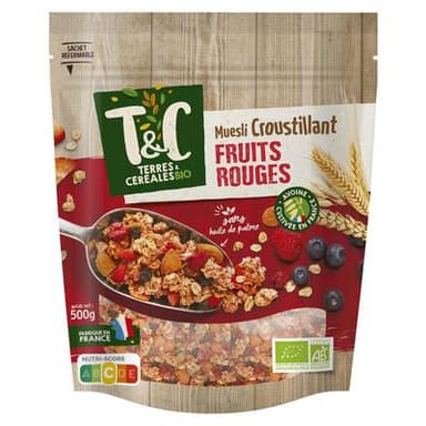 Terres et Céréales Bio Muesli Croustillant aux Fruits Rouges Bio, 500g