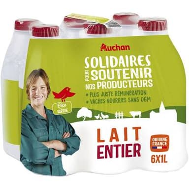Auchan Solidaires Lait entier UHT, 6x1L