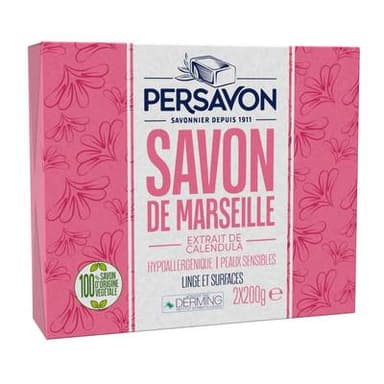 Persavon Savon Solide de Marseille Extrait de Calendula Hypoallergénique, 2 x 200g