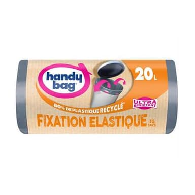 Handy Bag Sacs poubelle 20L fixation élastique & poignées coulissantes, 15 sacs de 20L