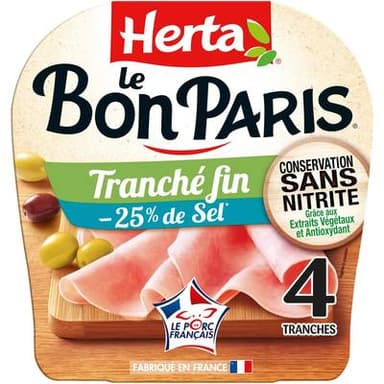 Herta Jambon Le Bon Paris Tranches Fines et Taux de Sel Réduit, 4 tranches - 120g