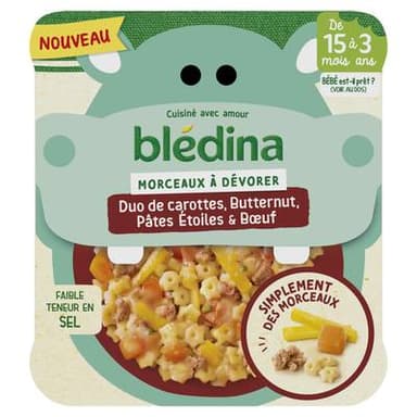 Blédina - Morceaux à dévorer Duo de Carottes, Butternut, Pâtes Etoile et Boeuf Assiette Bébé Dès 15 mois, 200g