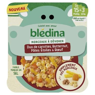 Blédina - Morceaux à dévorer Duo de Carottes, Butternut, Pâtes Etoile et Boeuf Assiette Bébé Dès 15 mois, 200g