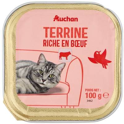 Auchan Barquette Terrine riche en boeuf pour chat, 100g